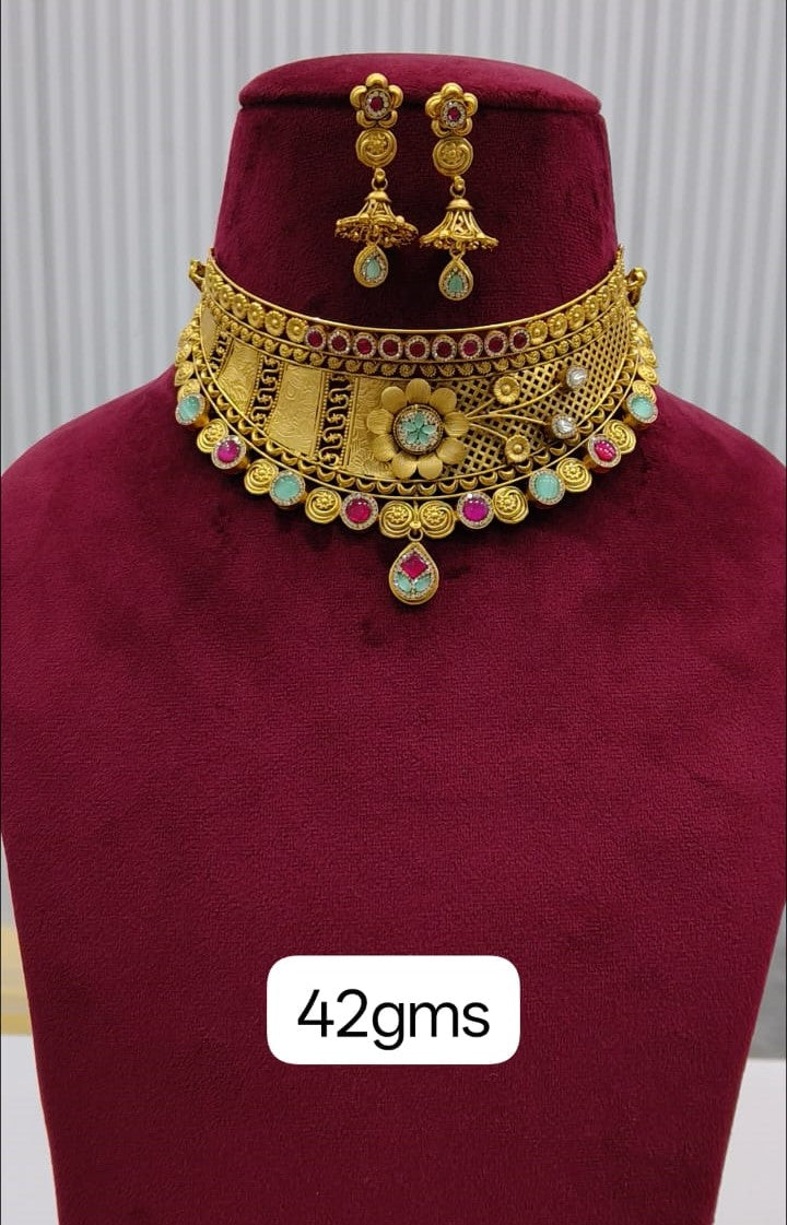 Gold Plated Choker Silver Necklace Set