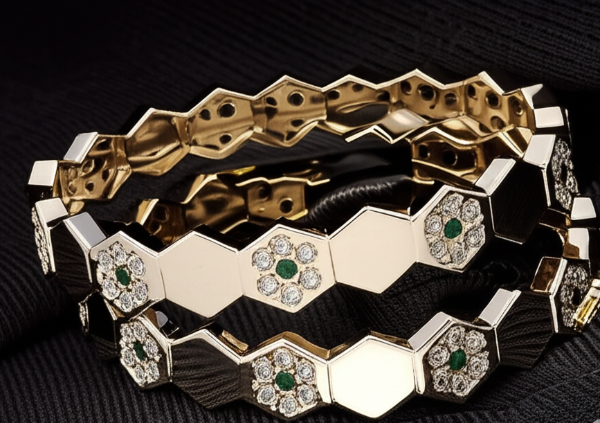 Hexagon Shaped Green Stone Studded Cubic Zirconia Silver Bangles