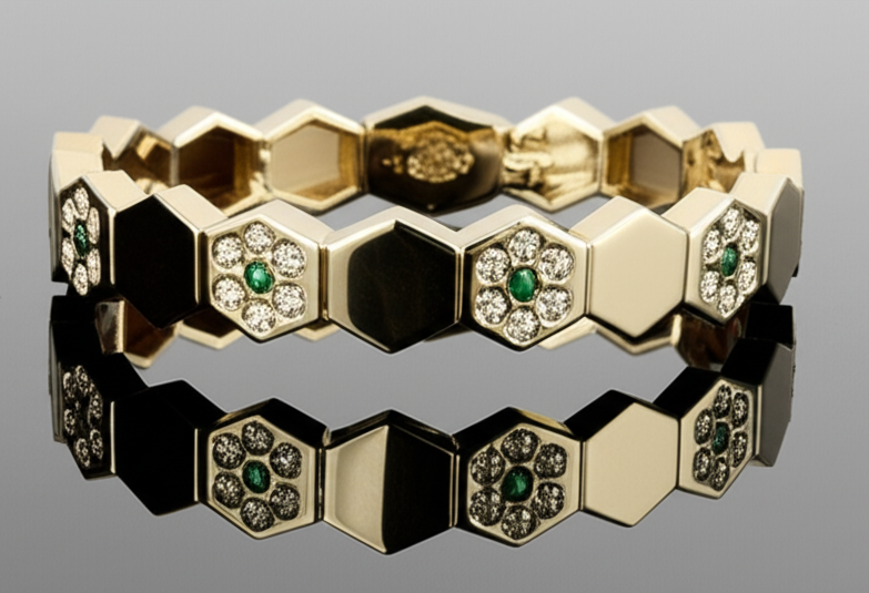 Hexagon Shaped Green Stone Studded Cubic Zirconia Silver Bangles
