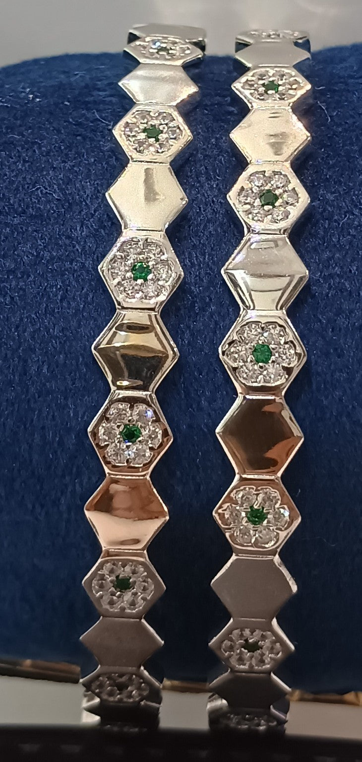 Hexagon Shaped Green Stone Studded Cubic Zirconia Silver Bangles