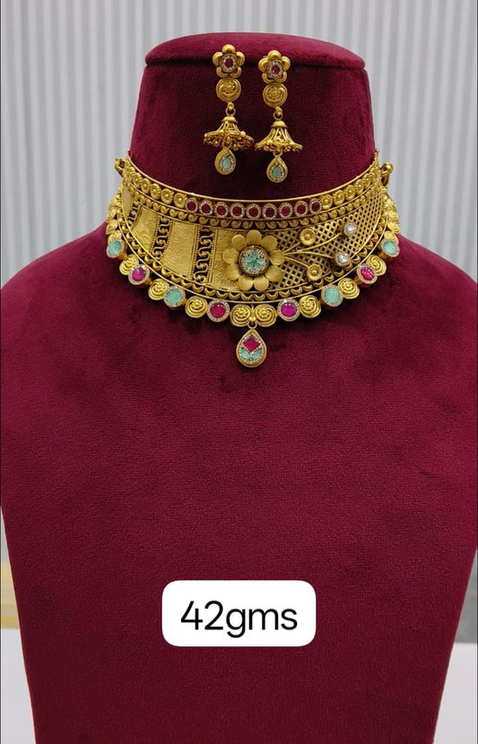 Gold Plated Choker Silver Necklace Set