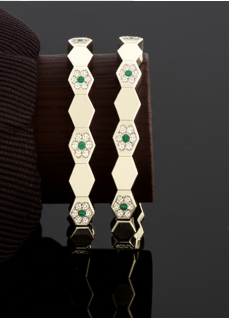 Hexagon Shaped Green Stone Studded Cubic Zirconia Silver Bangles