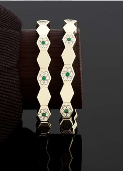 Hexagon Shaped Green Stone Studded Cubic Zirconia Silver Bangles