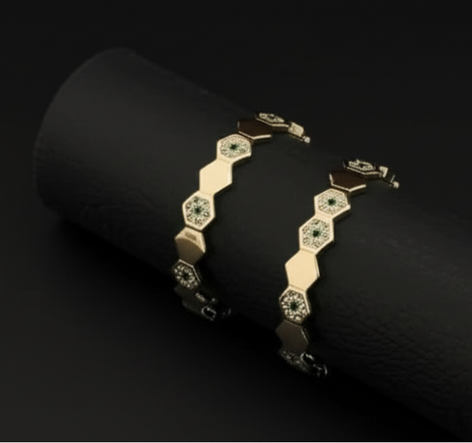 Hexagon Shaped Green Stone Studded Cubic Zirconia Silver Bangles